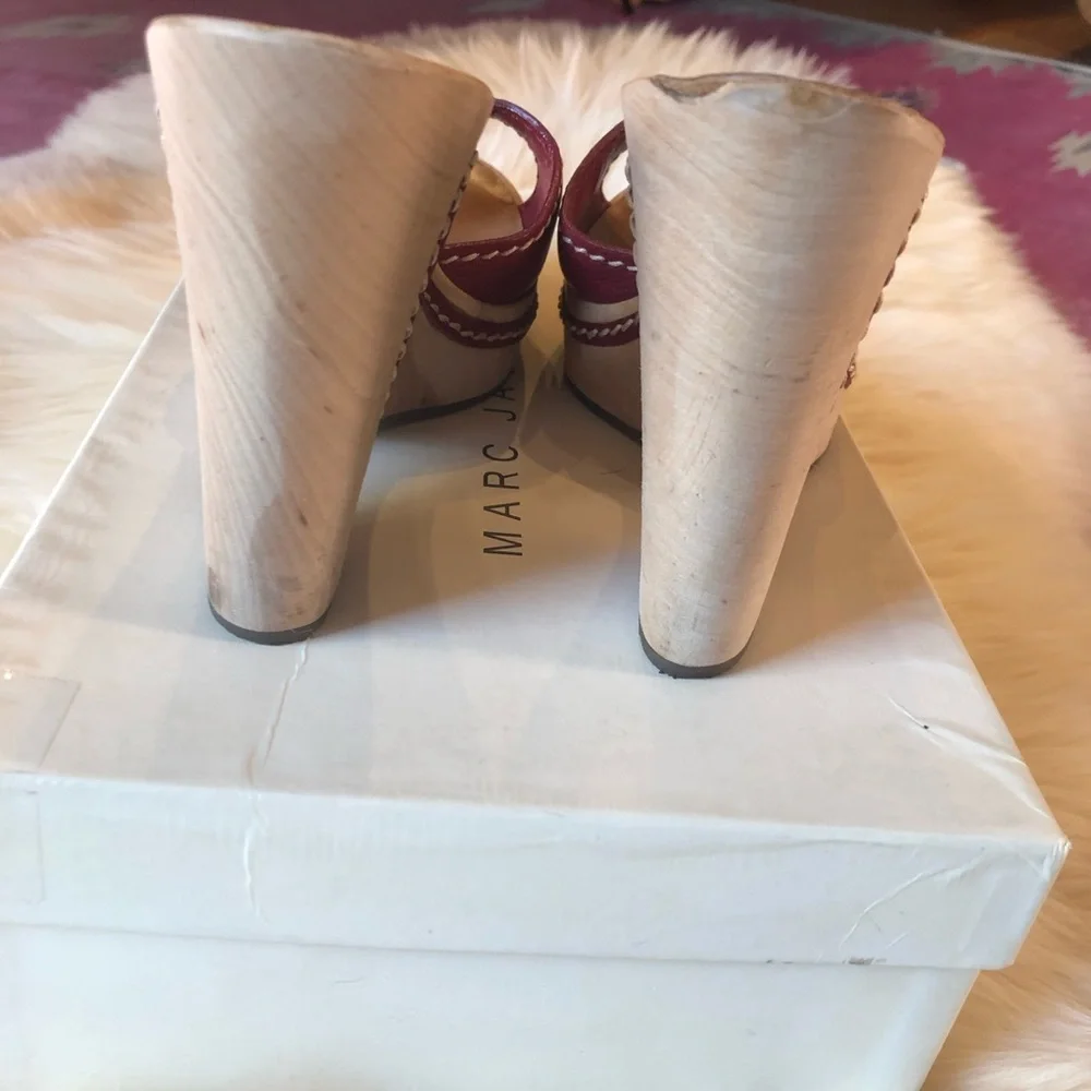 Marc Jacobs Red Leather Wood Platform Slides Sz 7.5/38